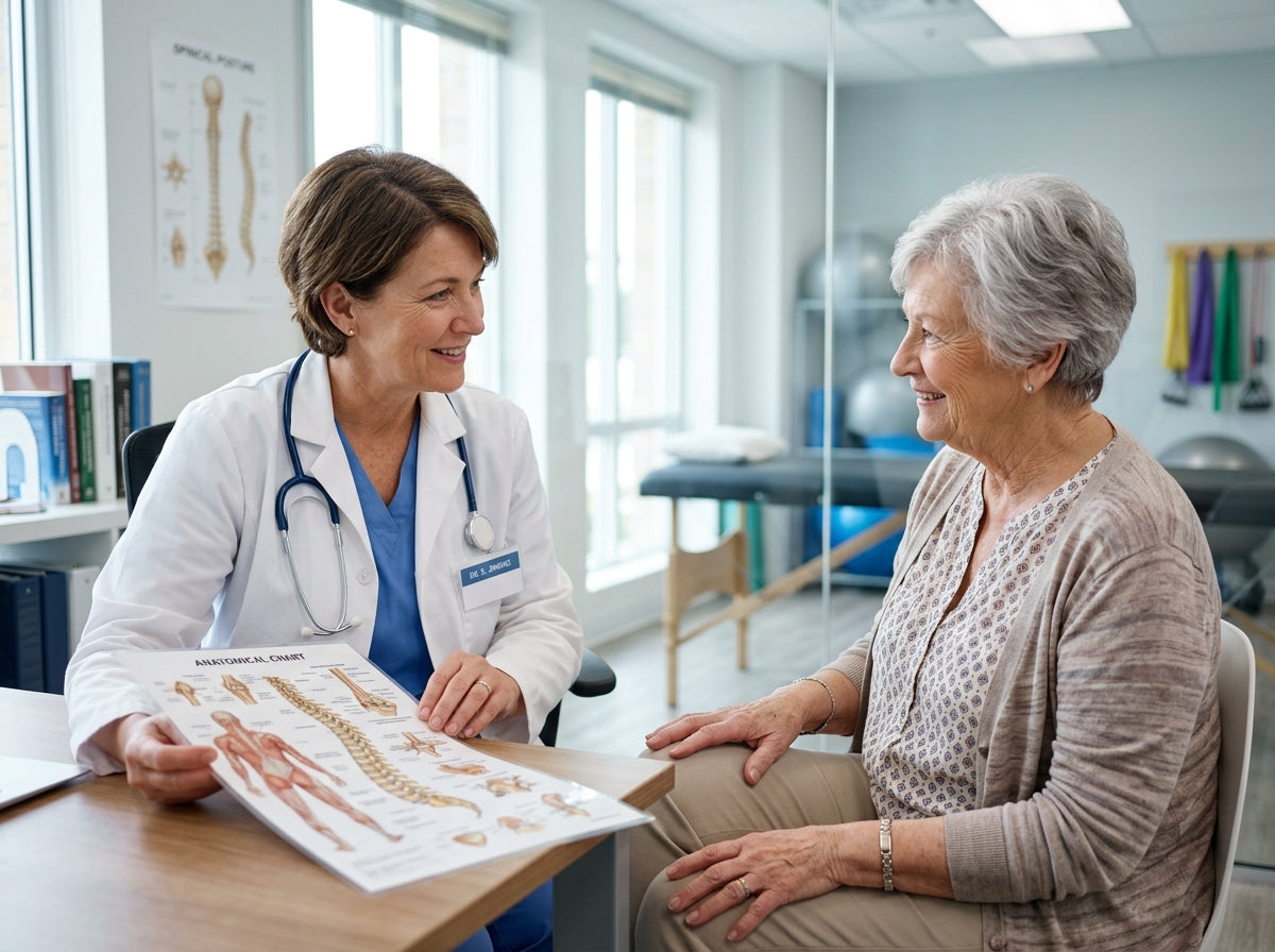Doctor in clinic consulting senior female patient 55+ on orthopedic and mobility care