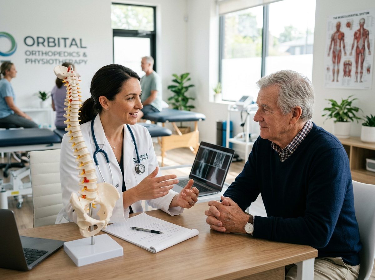 Doctor in clinic consulting senior male patient 55+ on orthopedic and mobility care